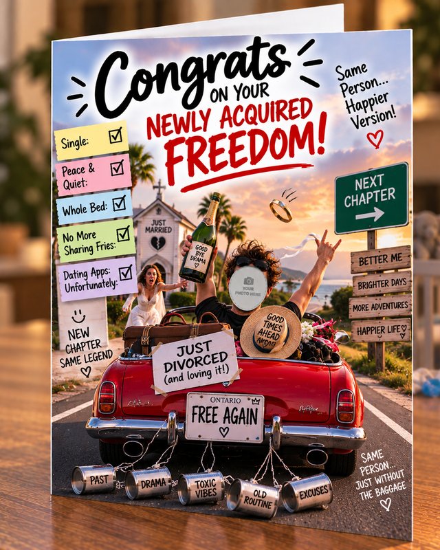 Example just divorced congratulations card created with Cardello