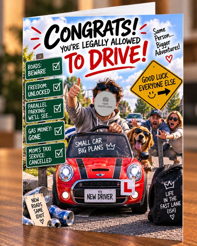 Example new driver congratulations card created with Cardello